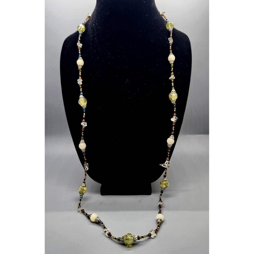 Vintage‎ Style Long Beaded Strand Necklace Sage Green Glass Cream Boho Layering